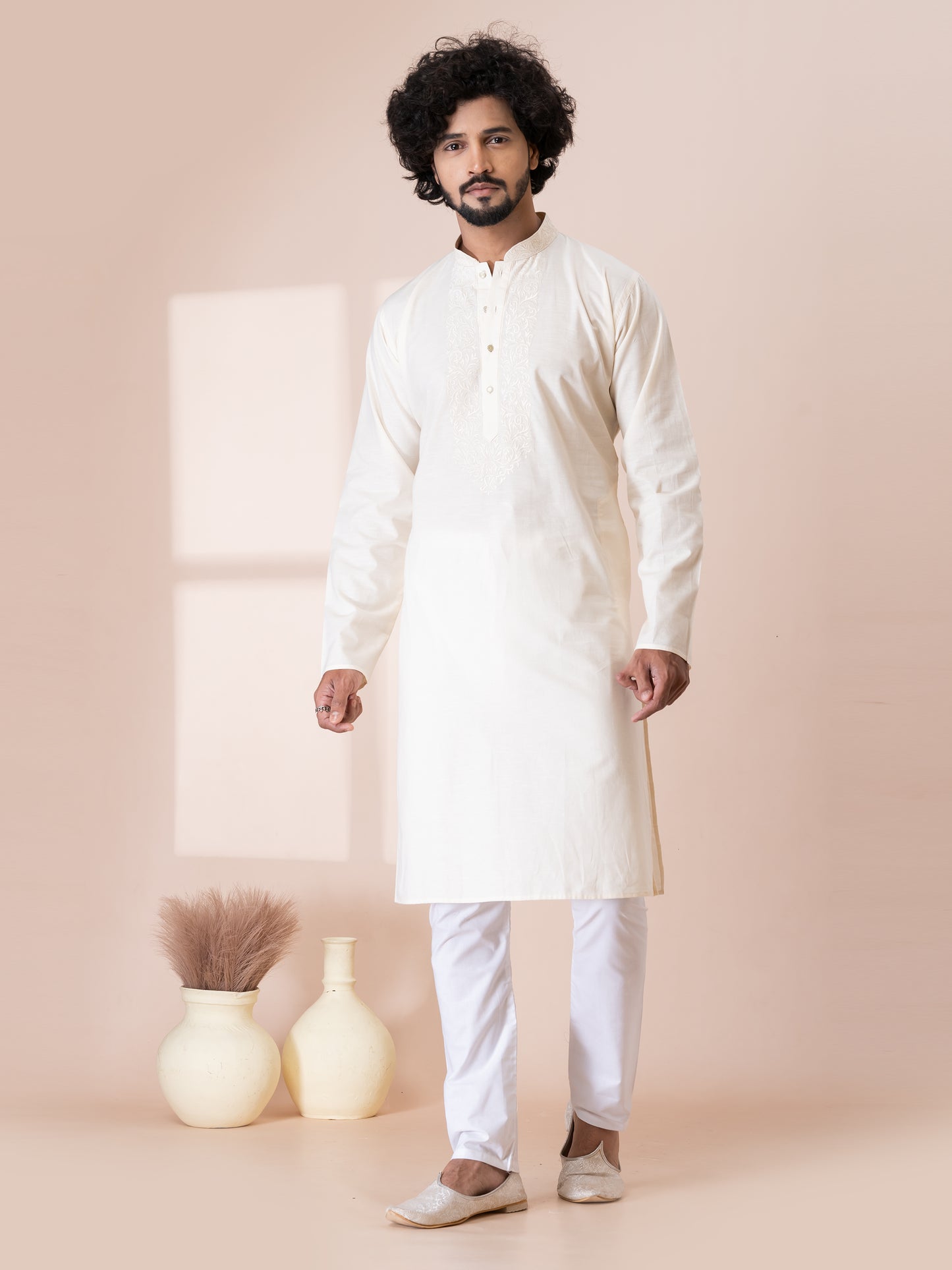 Finest Lynx White Handloom Cotton Kurta Pajama Set with Neck Handwork