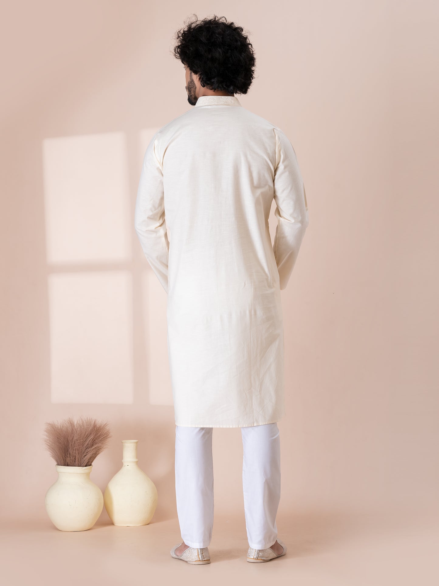 Finest Lynx White Handloom Cotton Kurta Pajama Set with Neck Handwork
