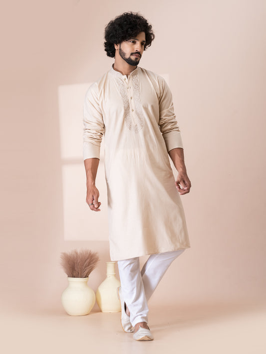 Superior Irish Linen Color Handloom Cotton Kurta Pajama Set with Neck Handwork