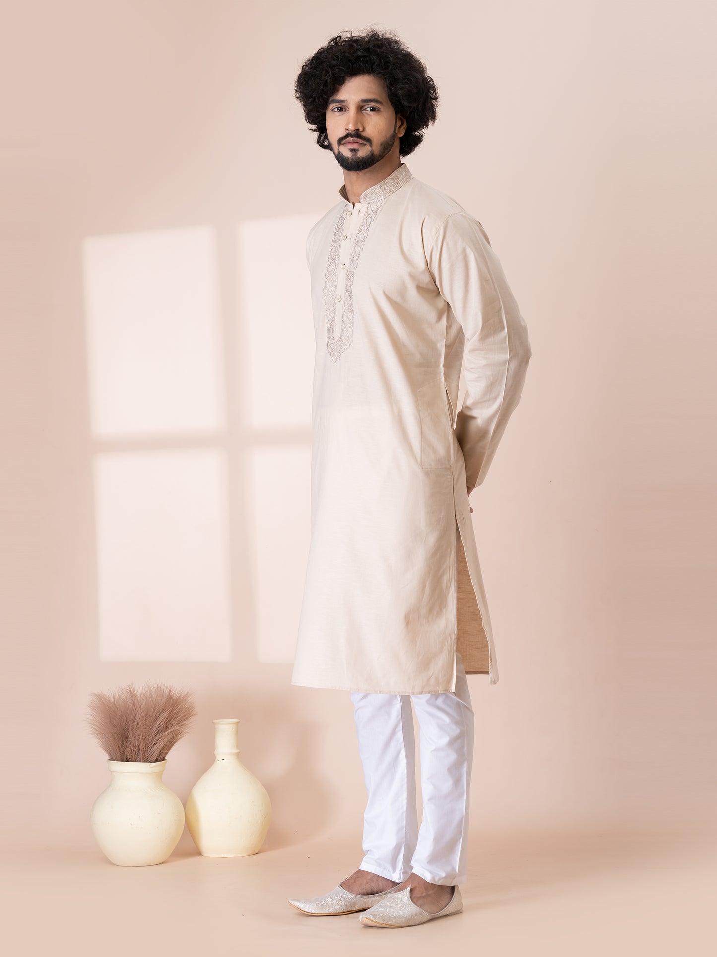 Superior Irish Linen Color Handloom Cotton Kurta Pajama Set with Neck Handwork