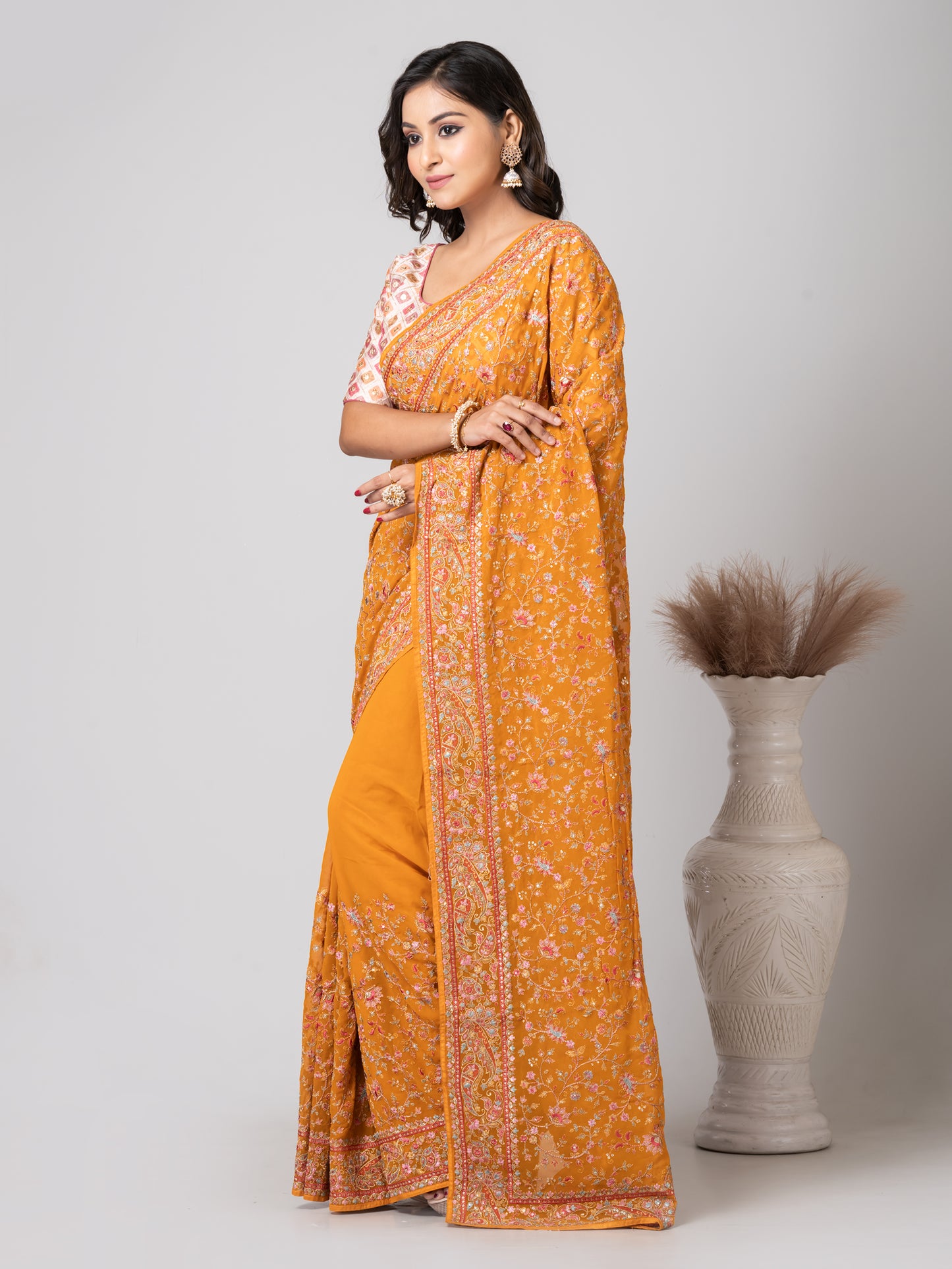 Elegant Pesto Calabrese Fancy Chiffon Saree with Jal Work
