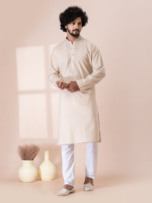Superior Irish Linen Color Handloom Cotton Kurta Pajama Set with Neck Handwork