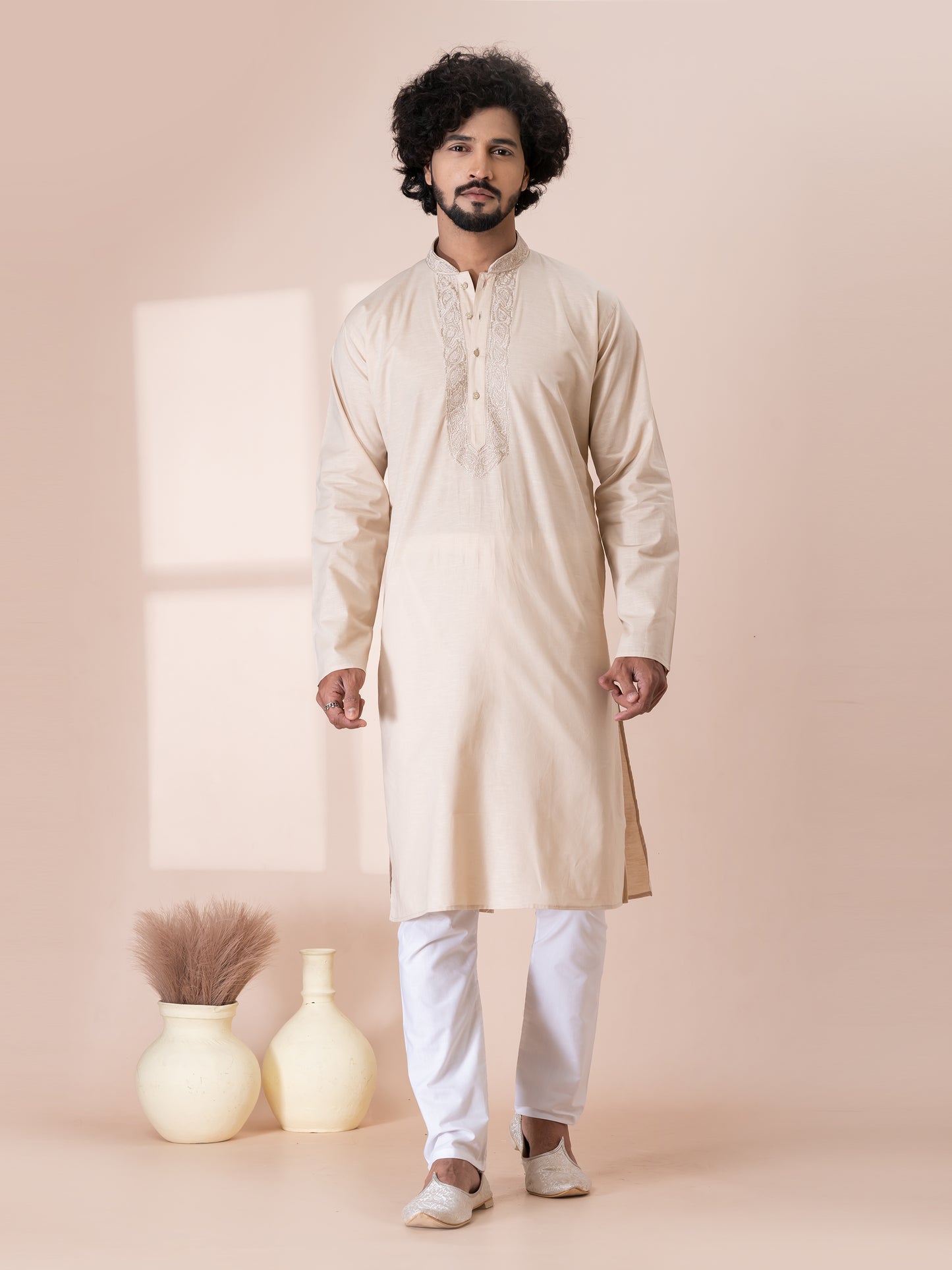 Superior Irish Linen Color Handloom Cotton Kurta Pajama Set with Neck Handwork