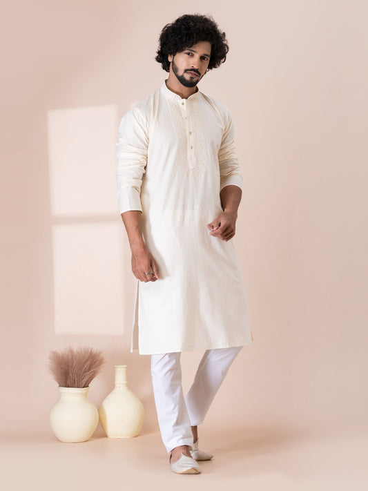 Exemplary Aragonite White Handloom Cotton Kurta Pajama Set with Neck Handwork