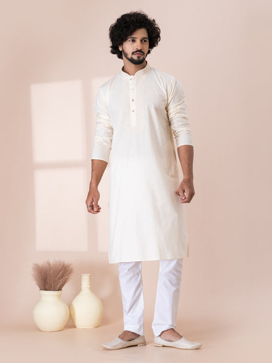Exemplary Aragonite White Handloom Cotton Kurta Pajama Set with Neck Handwork