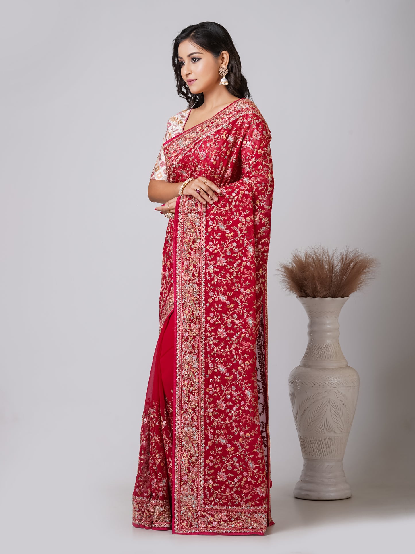 Luxurious Pixel Bleeding Color Fancy Chiffon Saree with Jal Work