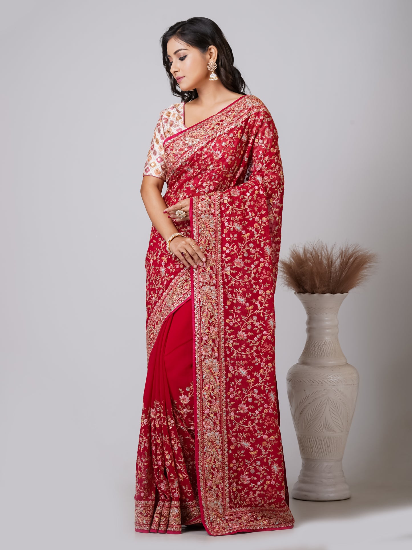 Luxurious Pixel Bleeding Color Fancy Chiffon Saree with Jal Work