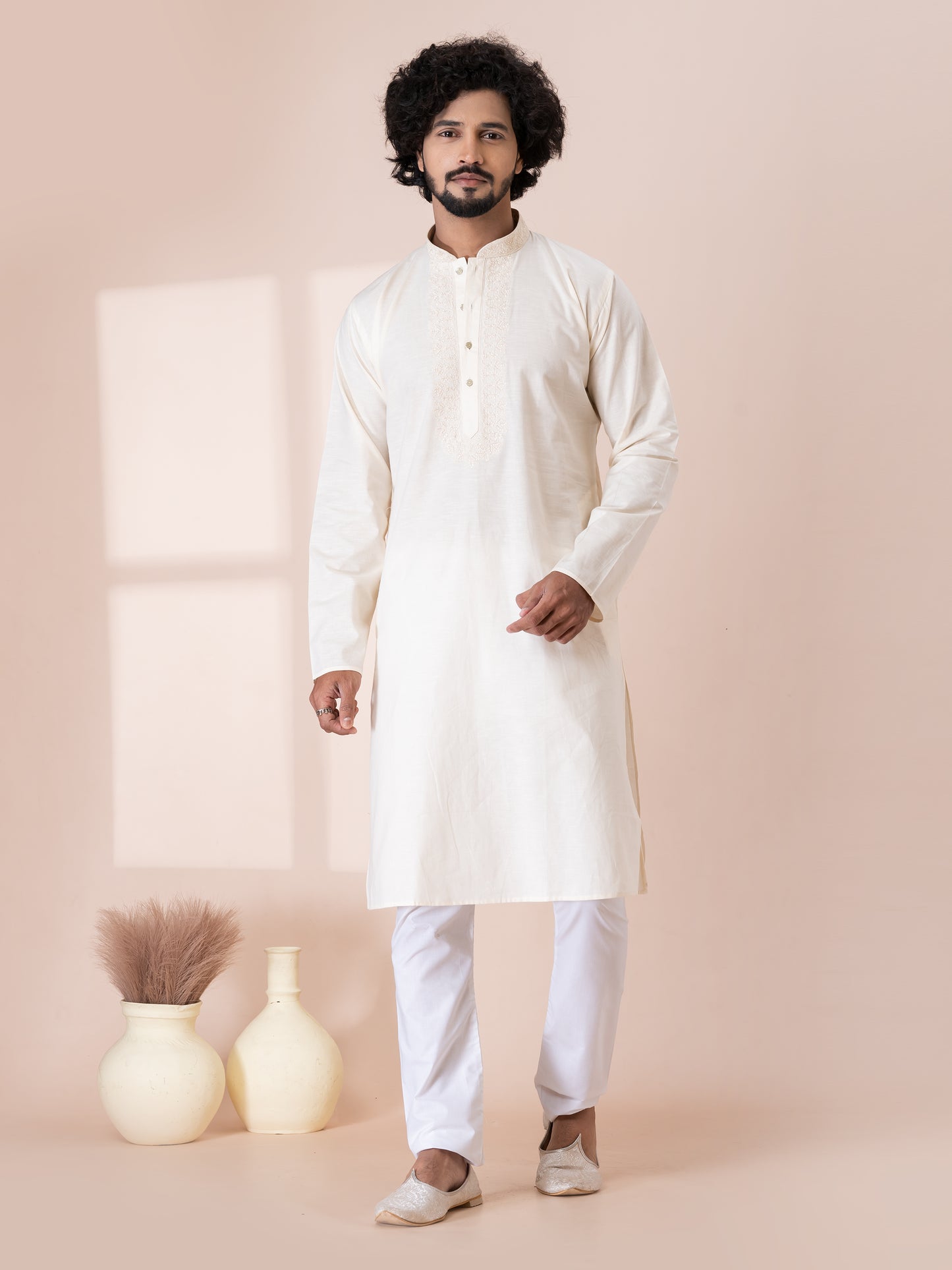 Exemplary Aragonite White Handloom Cotton Kurta Pajama Set with Neck Handwork