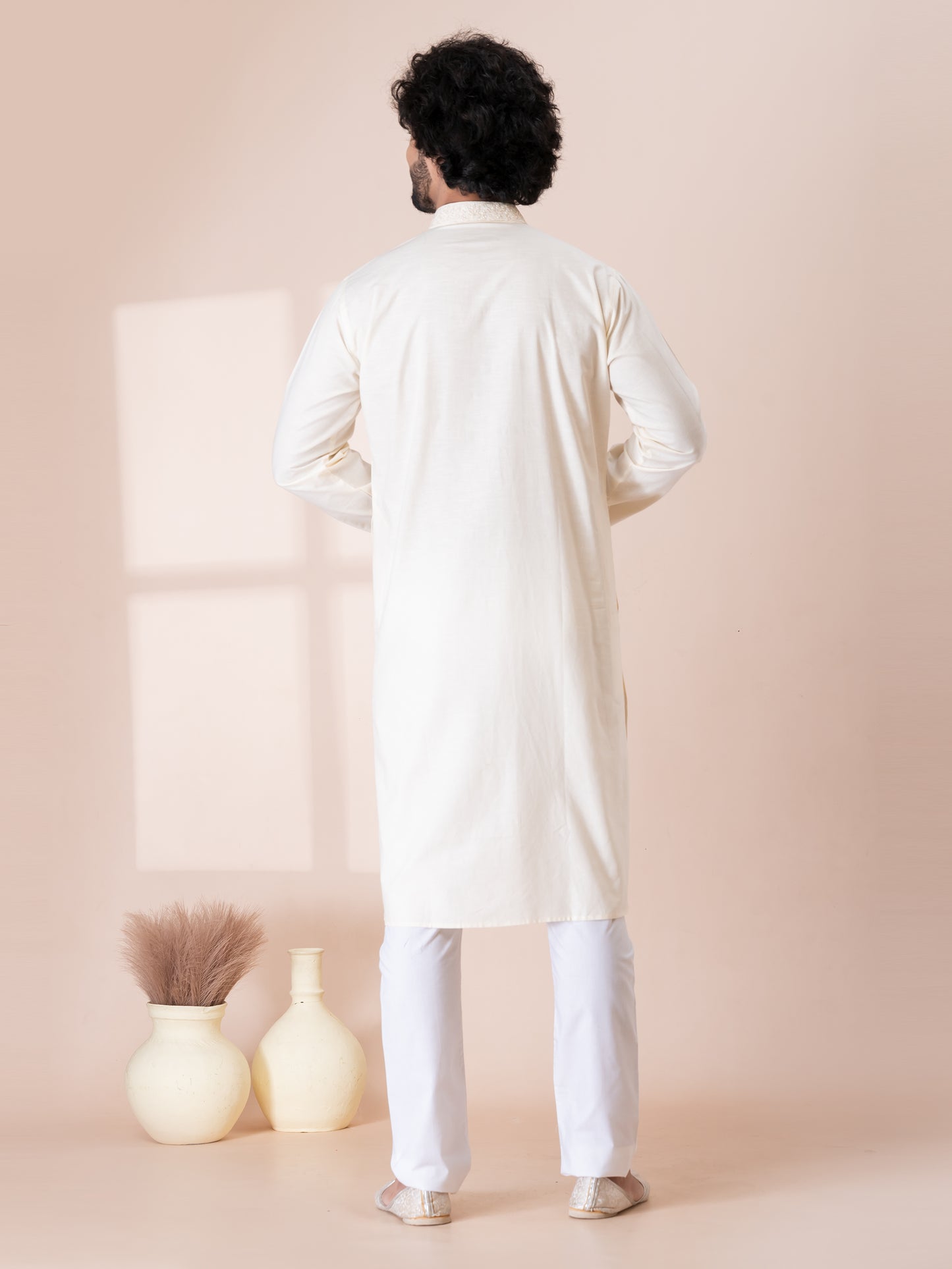 Exemplary Aragonite White Handloom Cotton Kurta Pajama Set with Neck Handwork