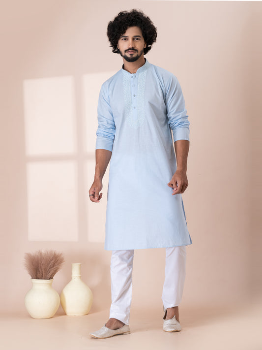 Flawless Weathered Blue Handloom Cotton Kurta Pajama Set with Neck Handwork