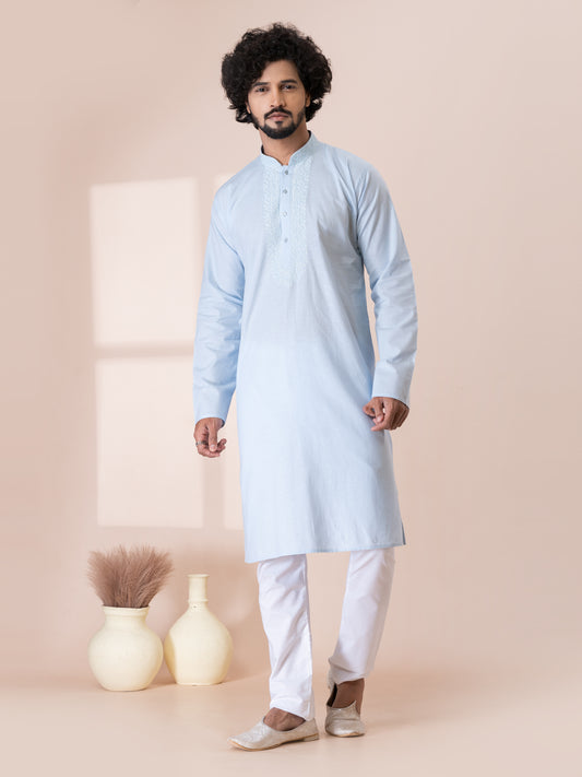 Flawless Weathered Blue Handloom Cotton Kurta Pajama Set with Neck Handwork