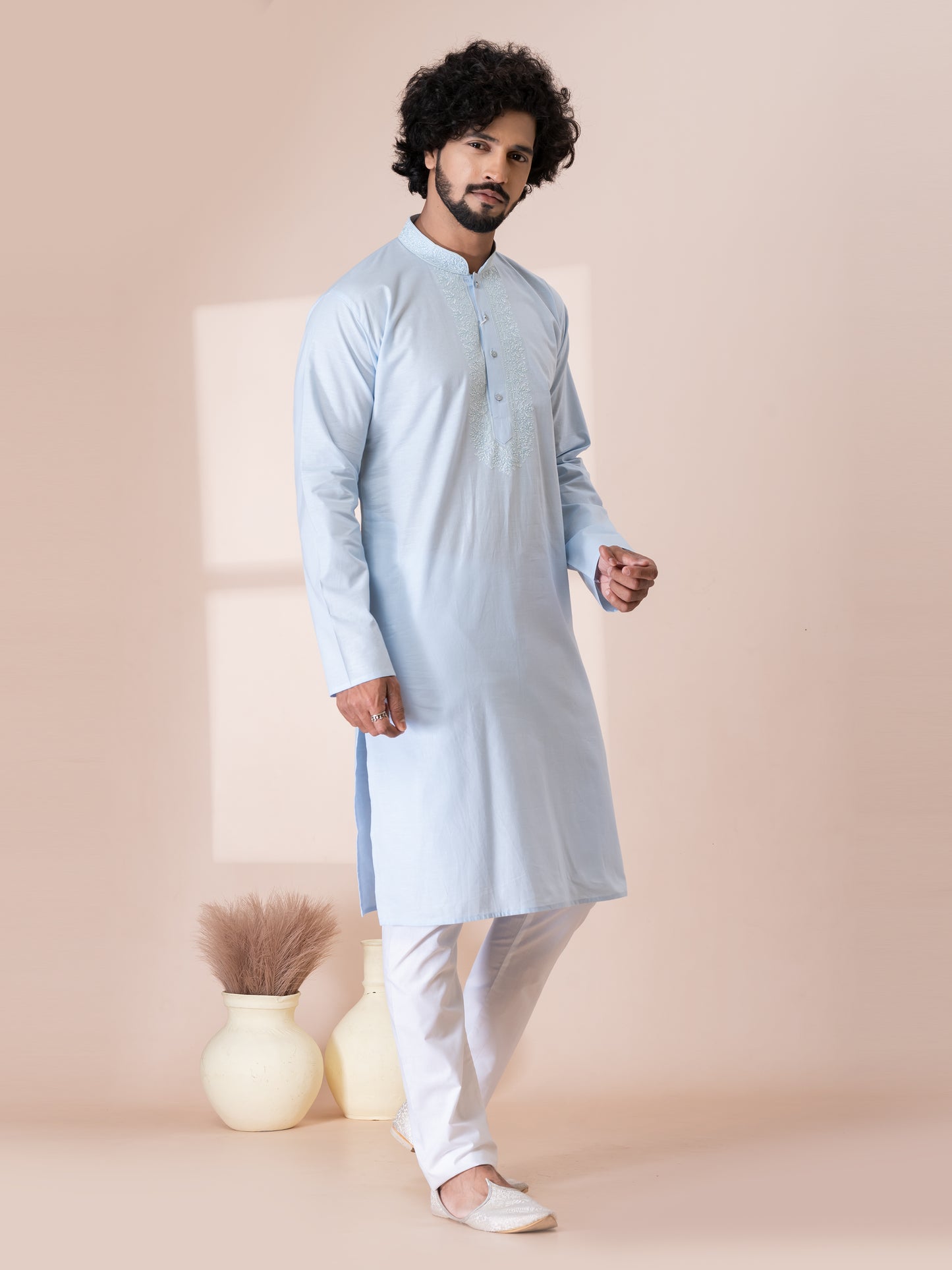 Flawless Weathered Blue Handloom Cotton Kurta Pajama Set with Neck Handwork