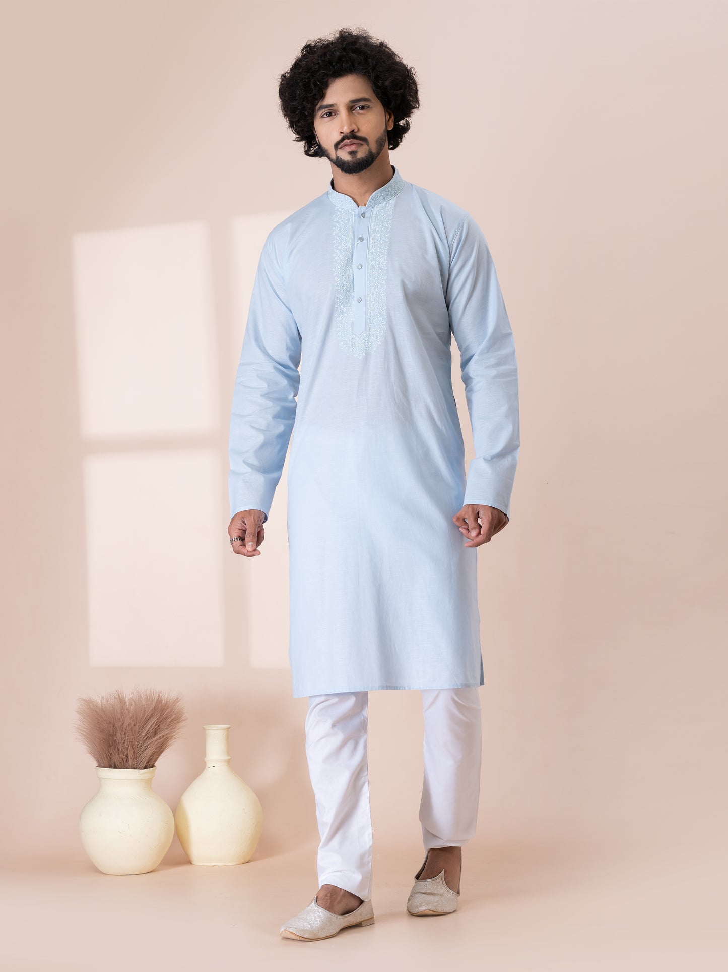 Flawless Weathered Blue Handloom Cotton Kurta Pajama Set with Neck Handwork