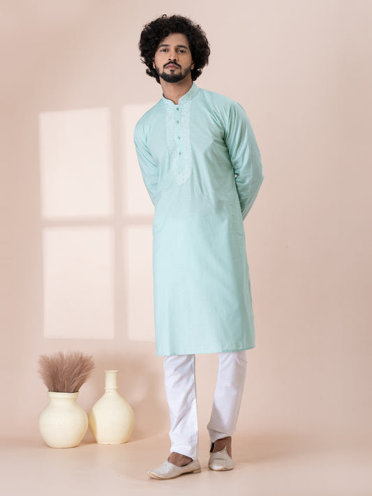 Exquisite Bathe Blue Handloom Cotton Kurta Pajama Set with Neck Handwork