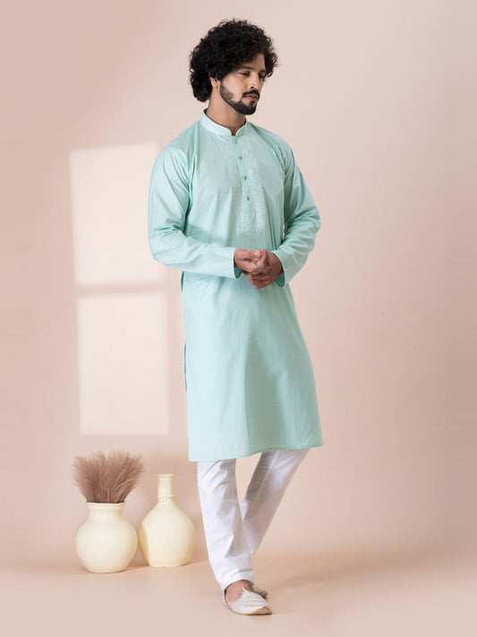 Exquisite Bathe Blue Handloom Cotton Kurta Pajama Set with Neck Handwork