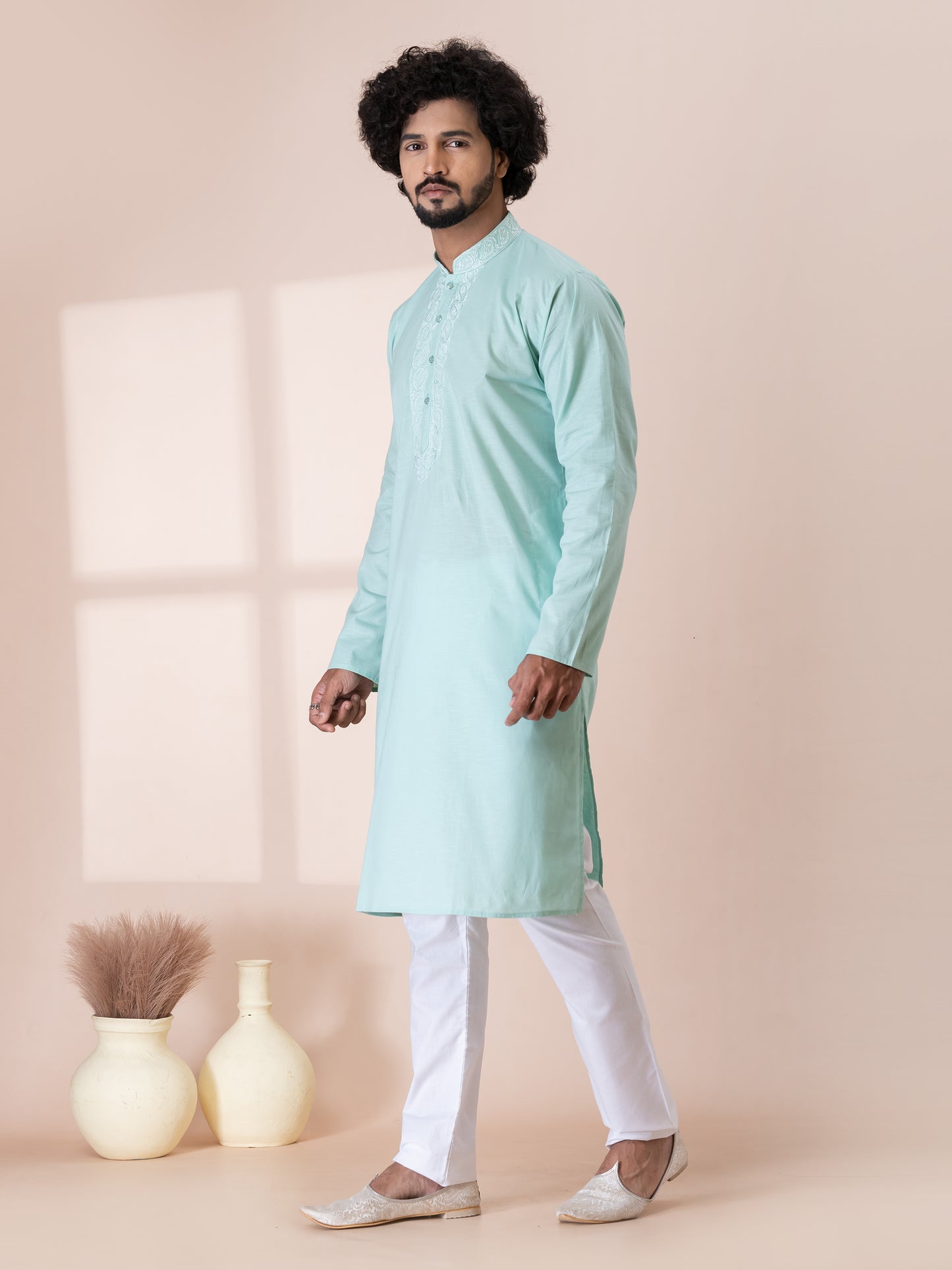 Exquisite Bathe Blue Handloom Cotton Kurta Pajama Set with Neck Handwork