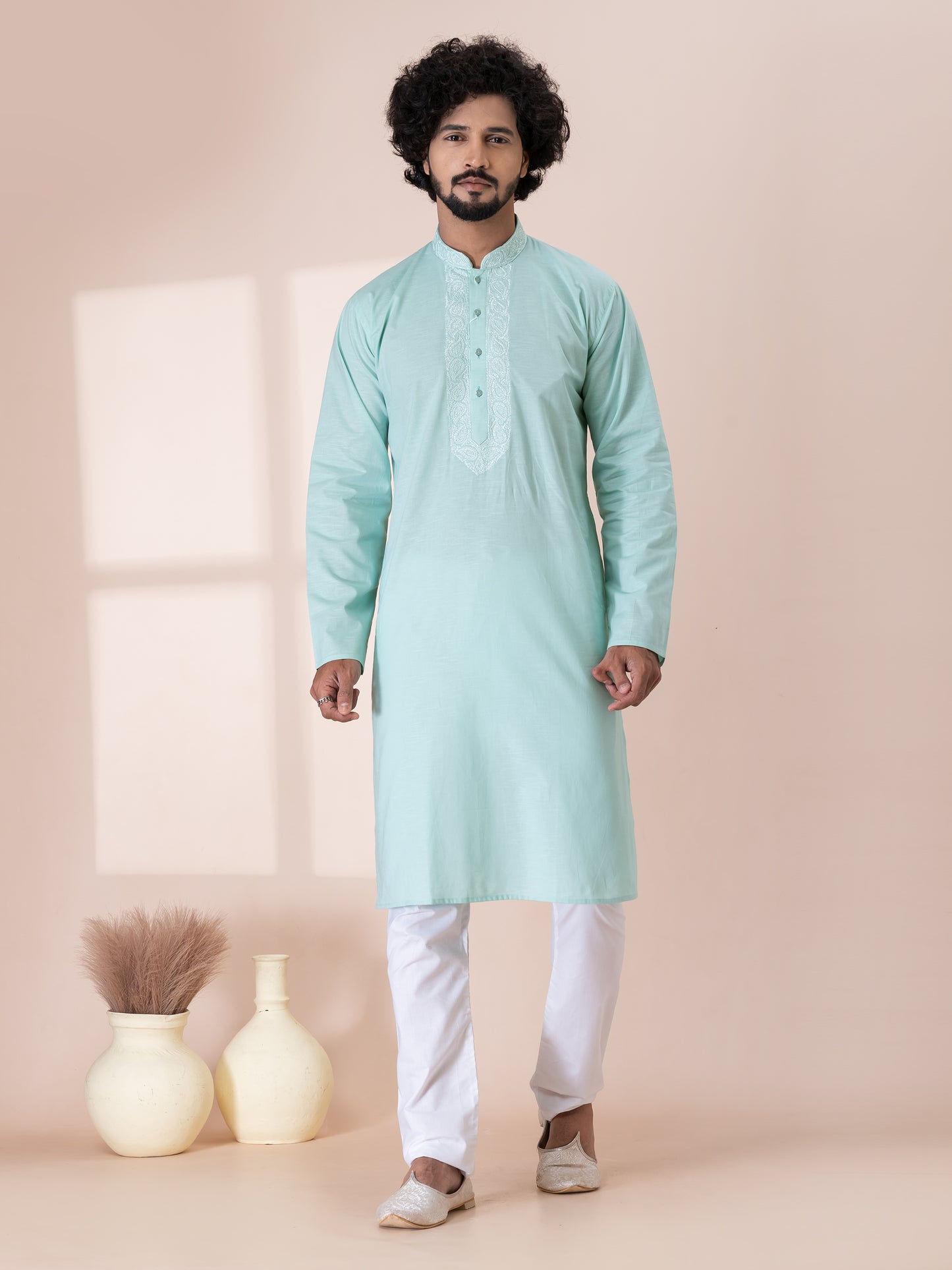 Exquisite Bathe Blue Handloom Cotton Kurta Pajama Set with Neck Handwork