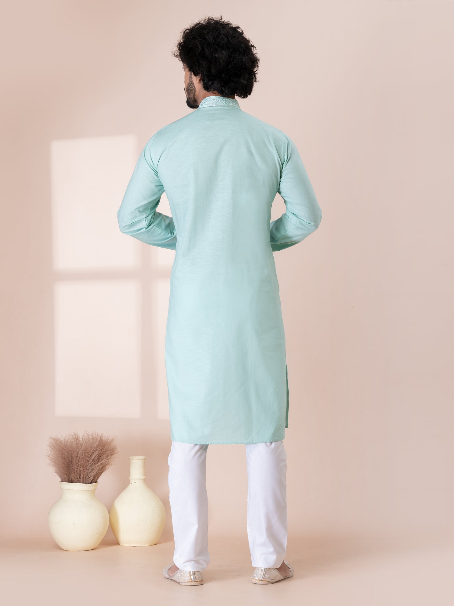 Exquisite Bathe Blue Handloom Cotton Kurta Pajama Set with Neck Handwork