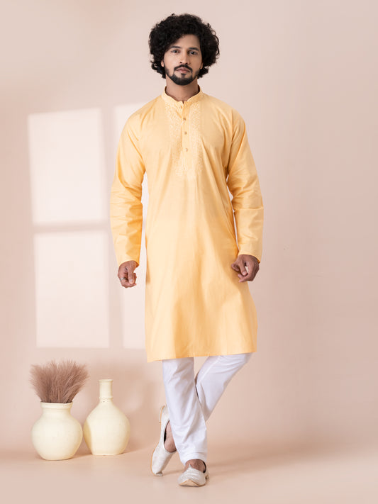 Elegant Sunstitch Color Handloom Cotton Kurta Pajama Set with Neck Handwork