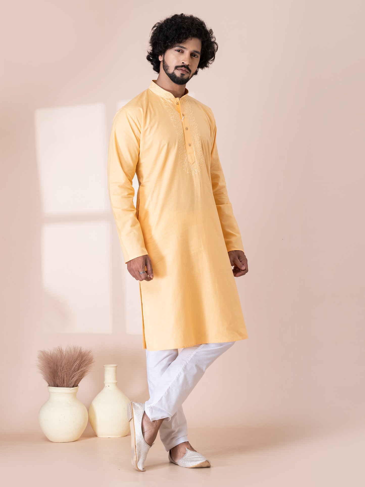 Elegant Sunstitch Color Handloom Cotton Kurta Pajama Set with Neck Handwork