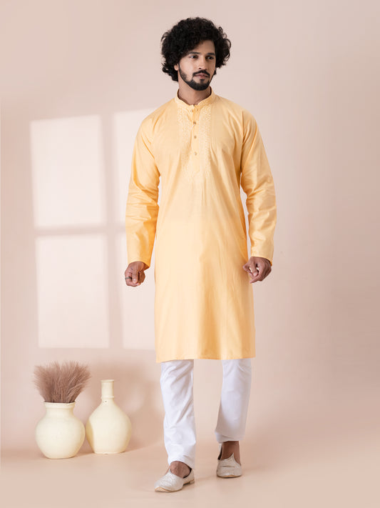 Elegant Sunstitch Color Handloom Cotton Kurta Pajama Set with Neck Handwork