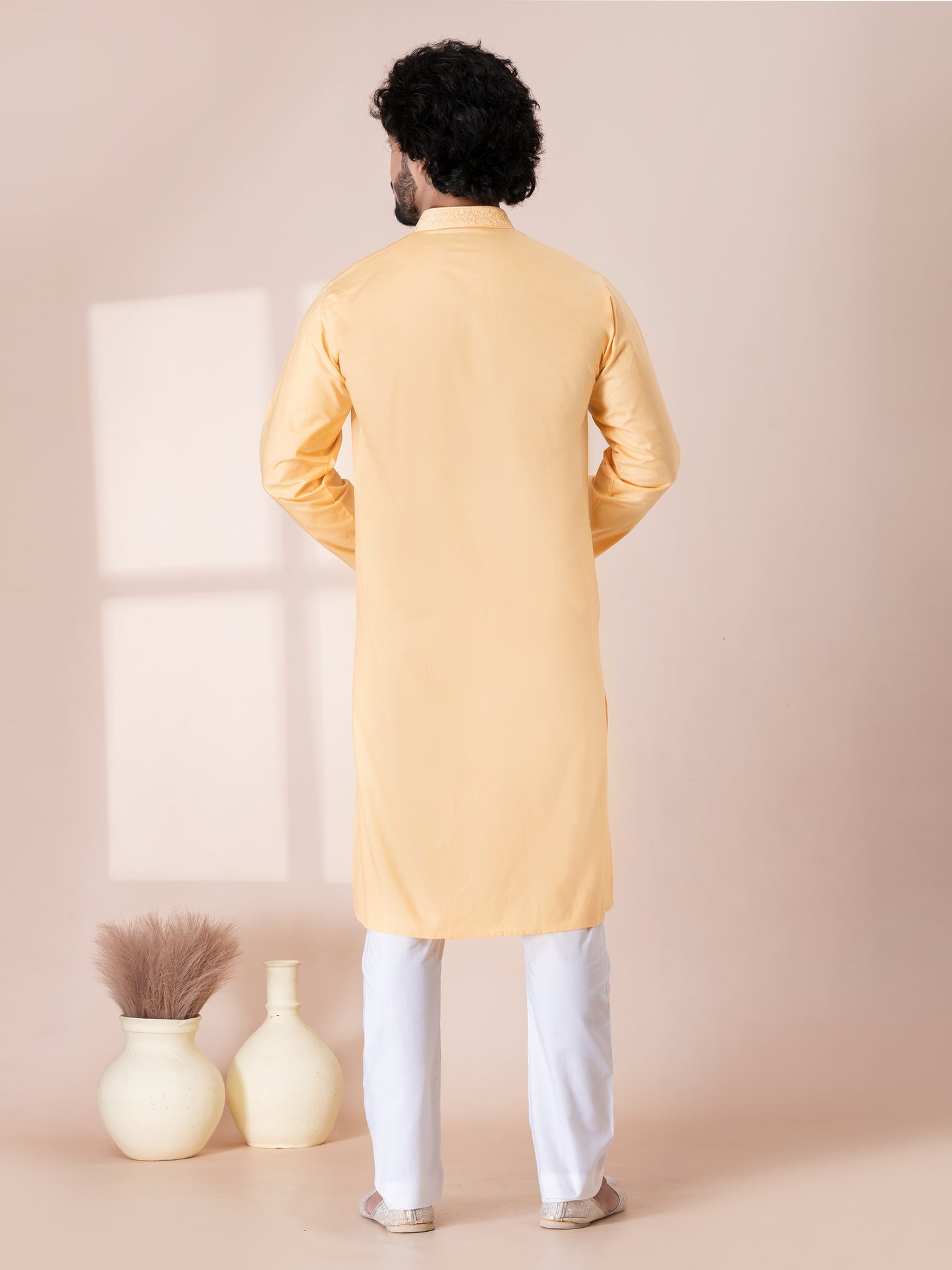 Elegant Sunstitch Color Handloom Cotton Kurta Pajama Set with Neck Handwork