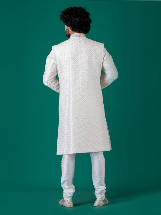 Opulent White Edgar Sherwani with Neck Handwork