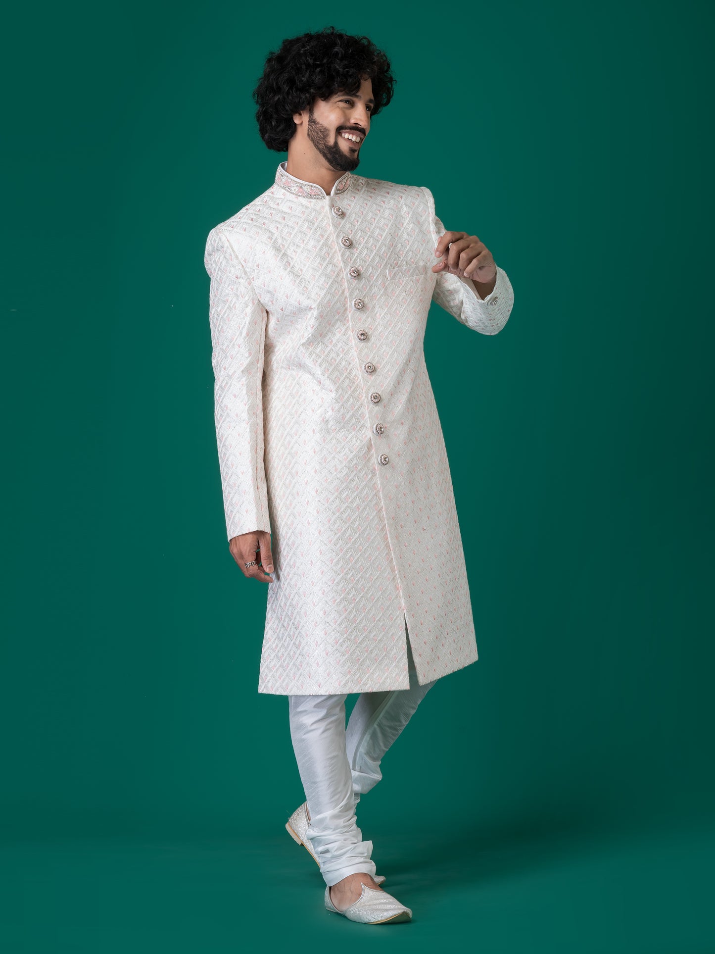 Opulent White Edgar Sherwani with Neck Handwork