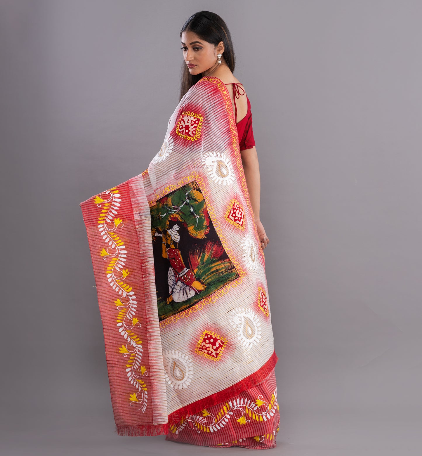 Vibrant White Bengali Boutique Cotton Saree