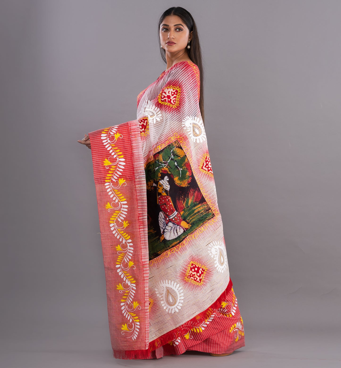 Vibrant White Bengali Boutique Cotton Saree
