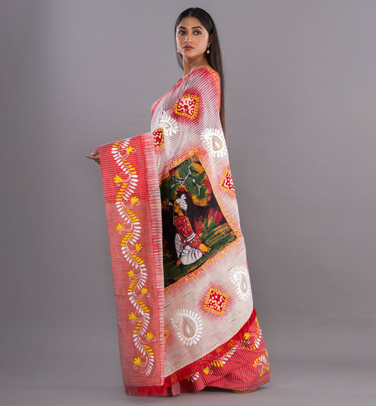 Vibrant White Bengali Boutique Cotton Saree