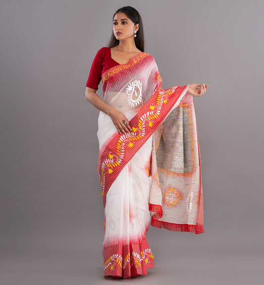 Vibrant White Bengali Boutique Cotton Saree