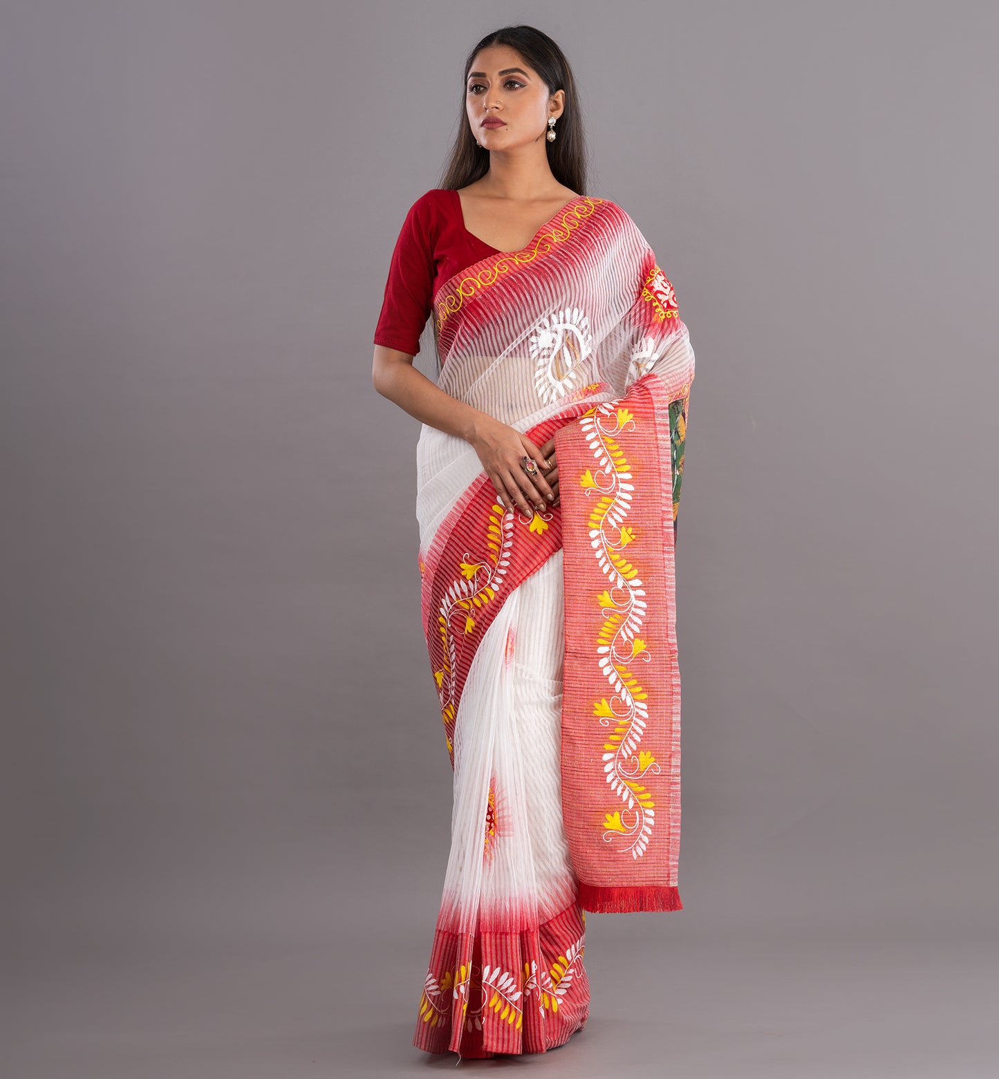 Vibrant White Bengali Boutique Cotton Saree