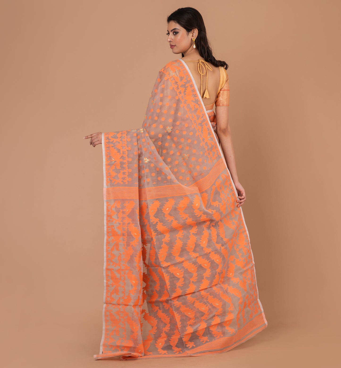 Exquisite Orange Jamdani Cotton Silk Saree