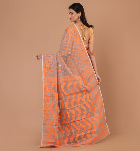 Exquisite Orange Jamdani Cotton Silk Saree