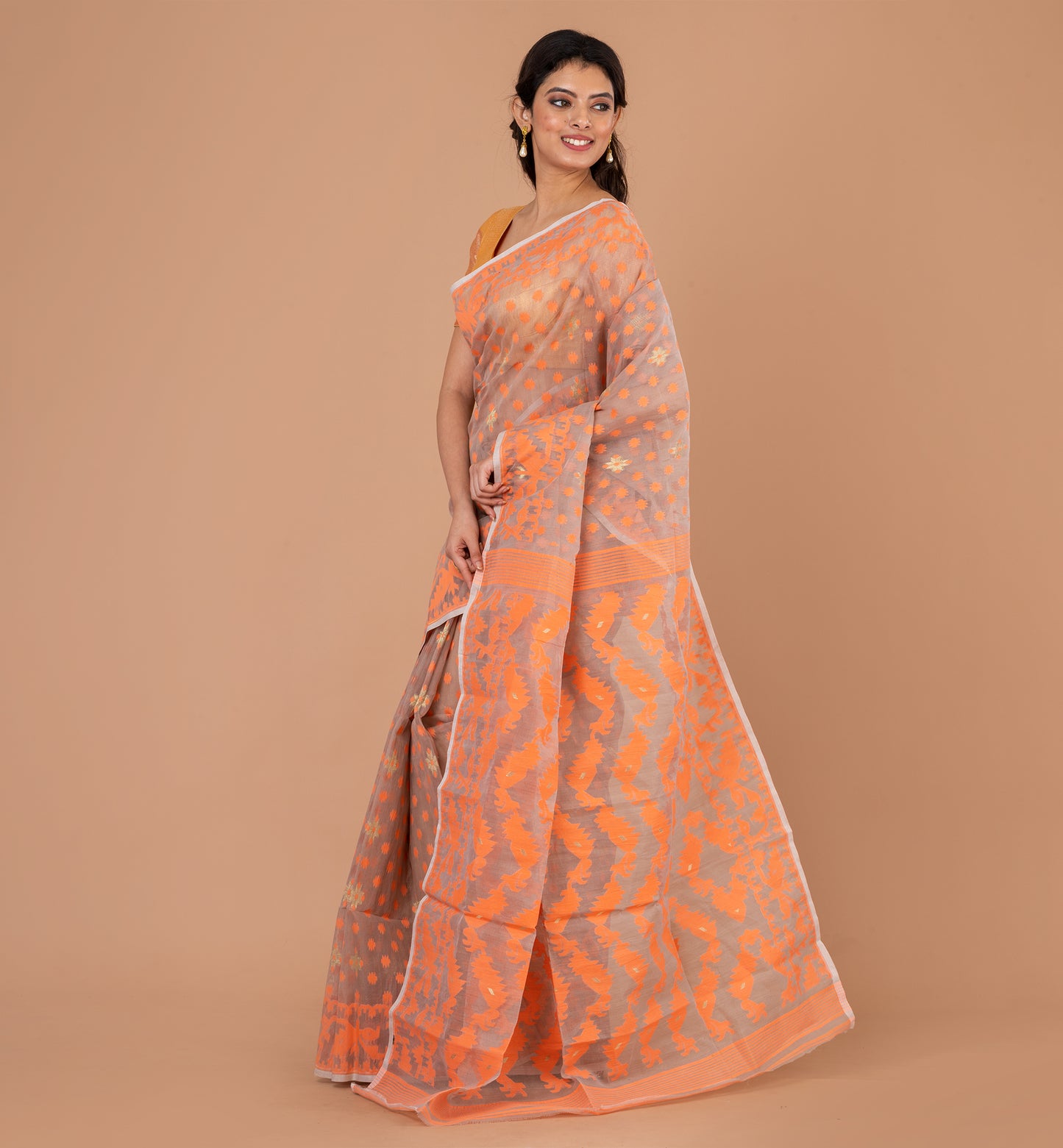 Exquisite Orange Jamdani Cotton Silk Saree