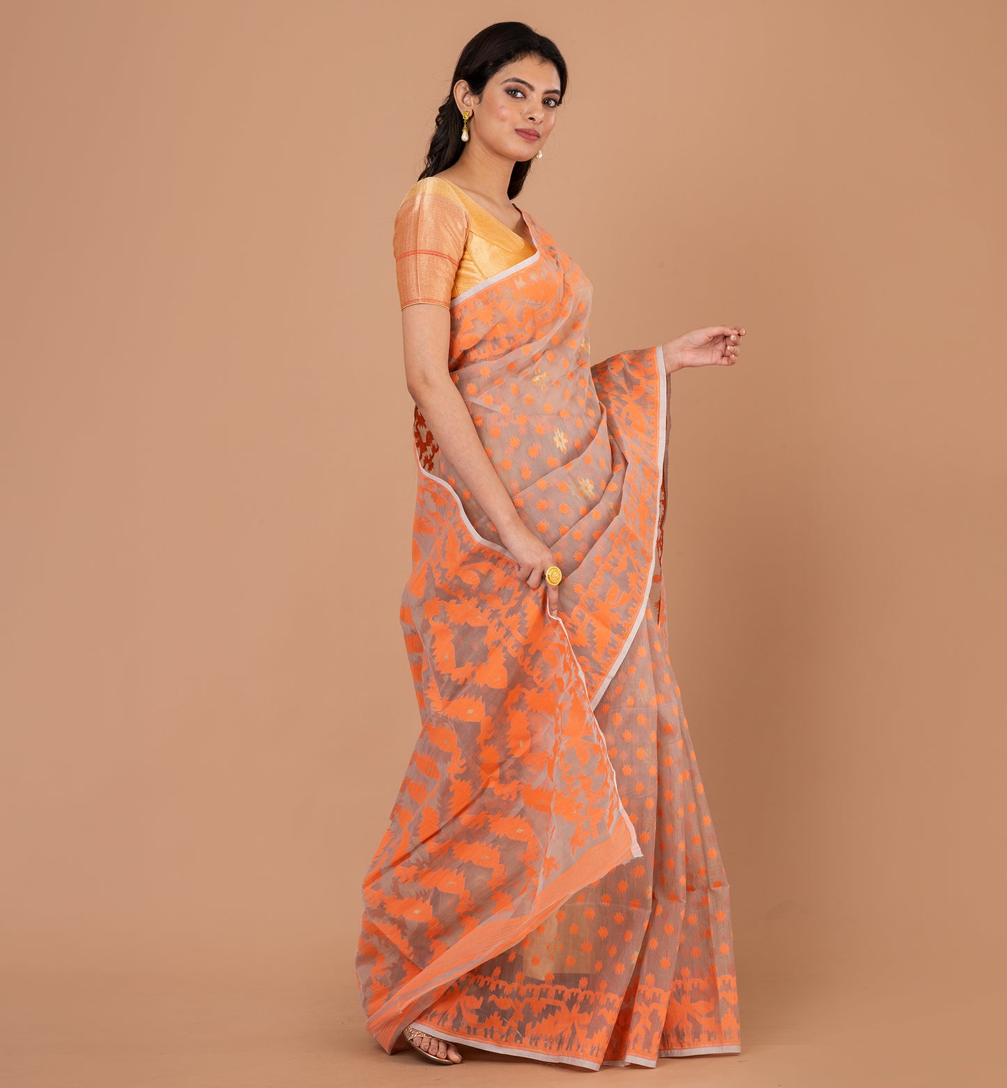 Exquisite Orange Jamdani Cotton Silk Saree