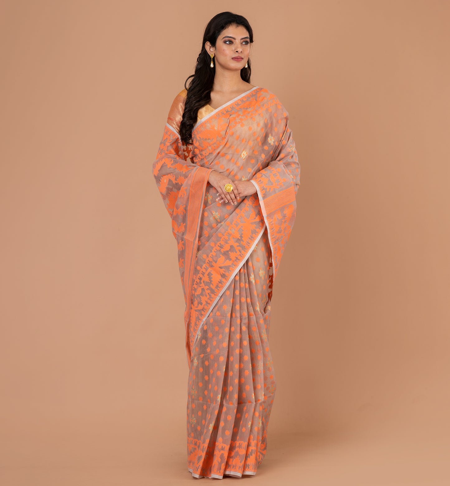 Exquisite Orange Jamdani Cotton Silk Saree