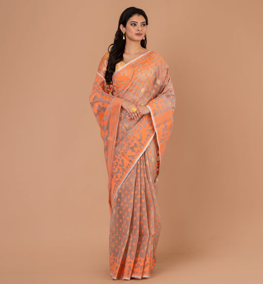 Exquisite Orange Jamdani Cotton Silk Saree
