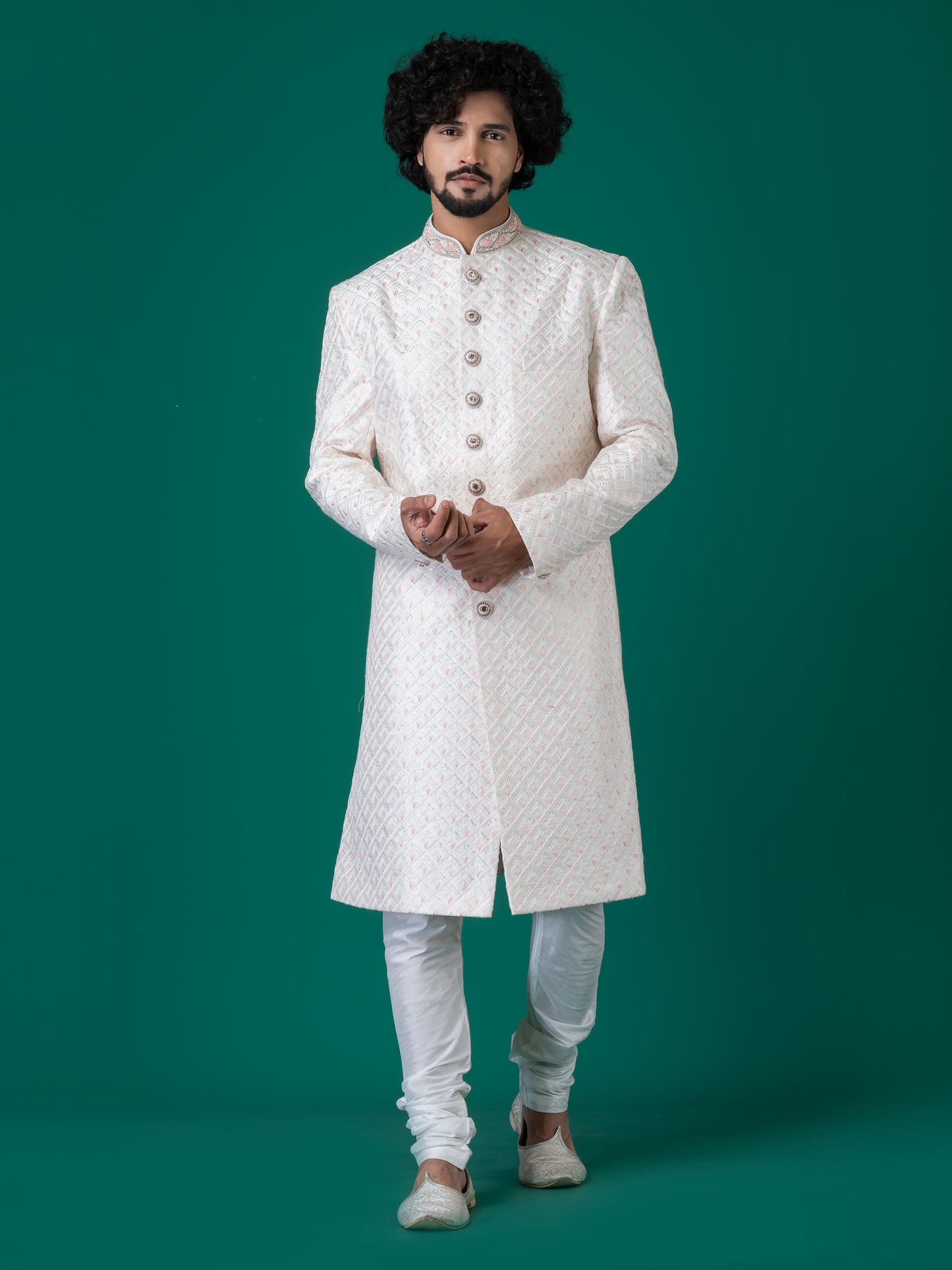 Opulent White Edgar Sherwani with Neck Handwork