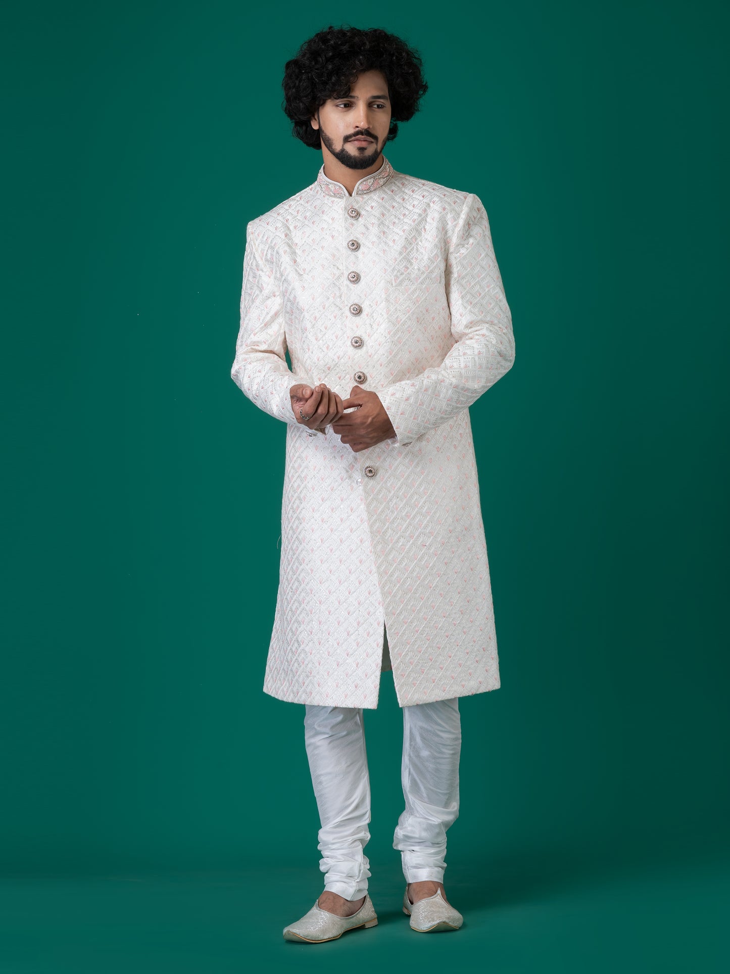 Opulent White Edgar Sherwani with Neck Handwork