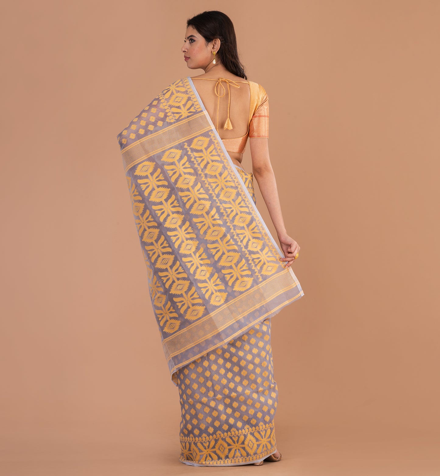Elegant Grey-Gold Jamdani Cotton Saree