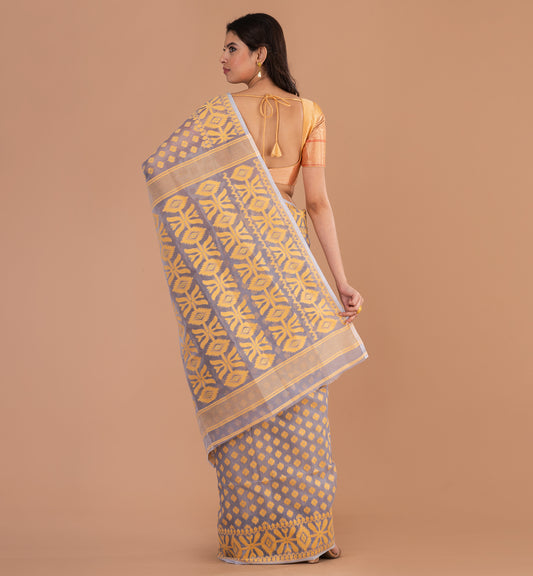 Elegant Grey-Gold Jamdani Cotton Saree