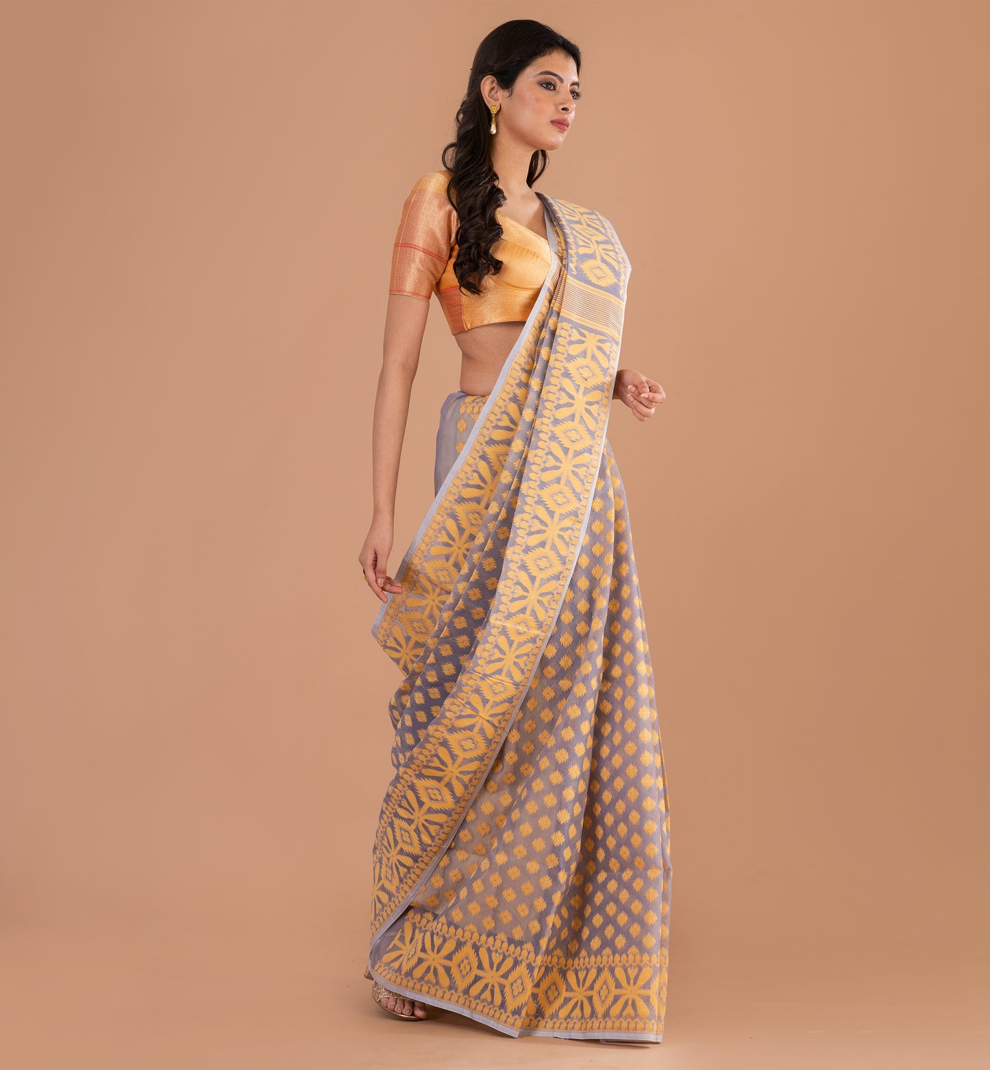 Elegant Grey-Gold Jamdani Cotton Saree