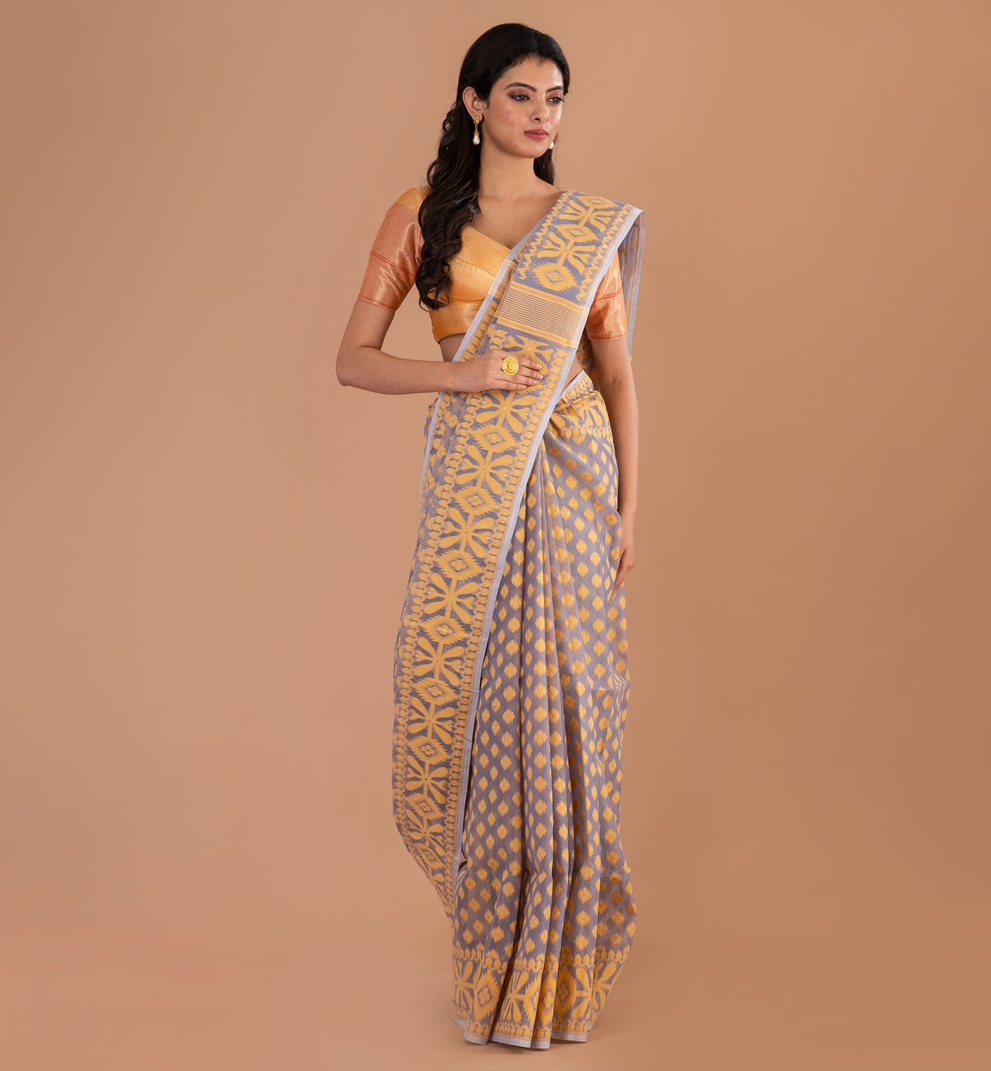 Elegant Grey-Gold Jamdani Cotton Saree