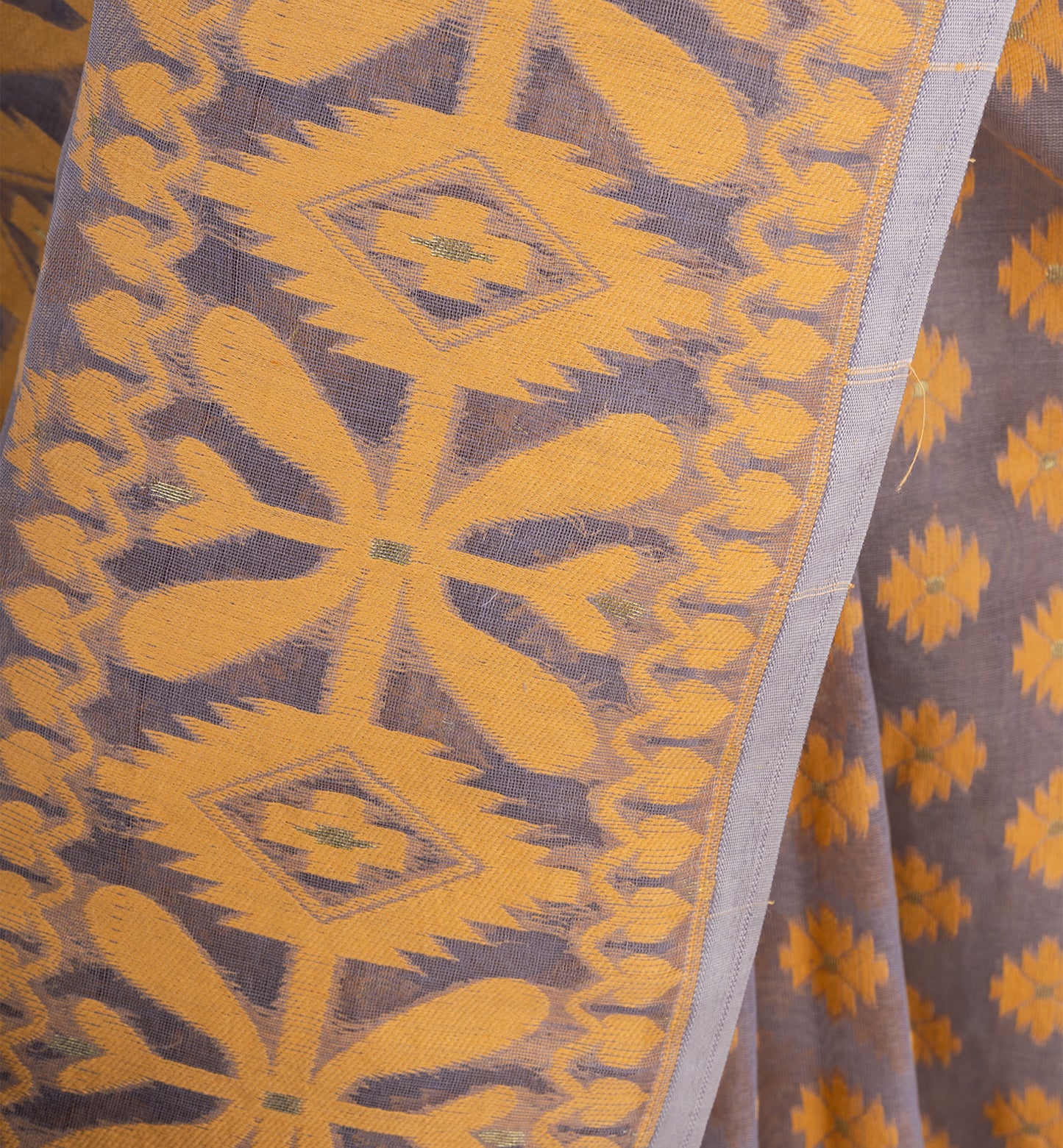 Elegant Grey-Gold Jamdani Cotton Saree