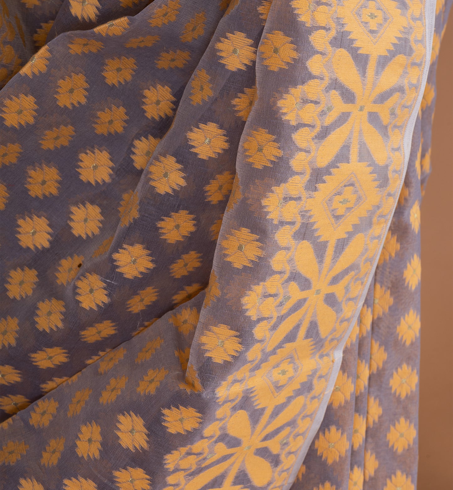 Elegant Grey-Gold Jamdani Cotton Saree