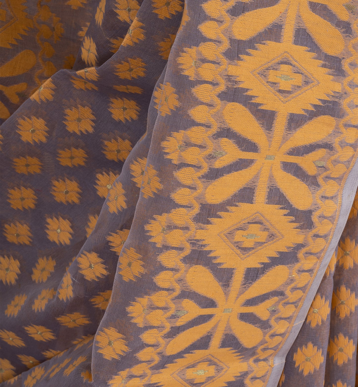 Elegant Grey-Gold Jamdani Cotton Saree