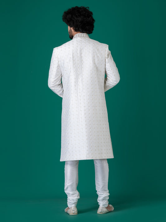Lustrous Bleached White Sherwani with Neck Handwork