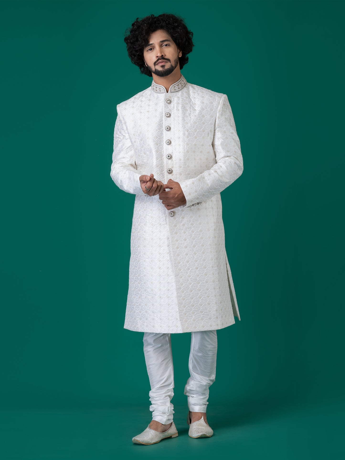 Lustrous Bleached White Sherwani with Neck Handwork